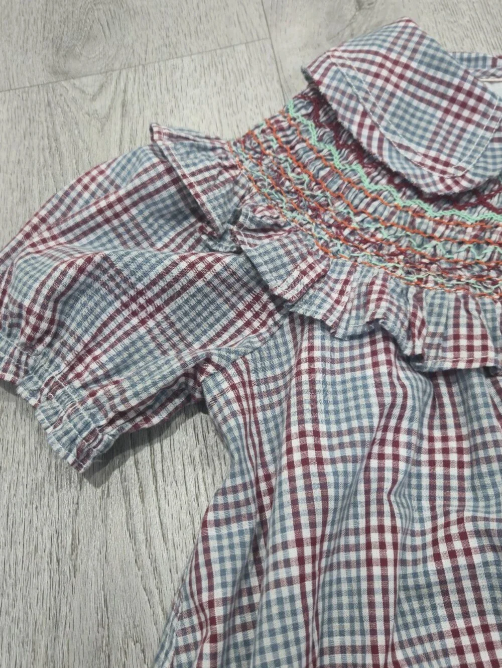 Pilcro Anthropologie Smocked Plaid Babydoll Mini Dress Ruffle Collar Puff Sleeve